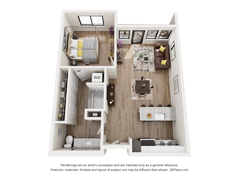 Floor plan for 1 bed, 1 bath, 751 sqft